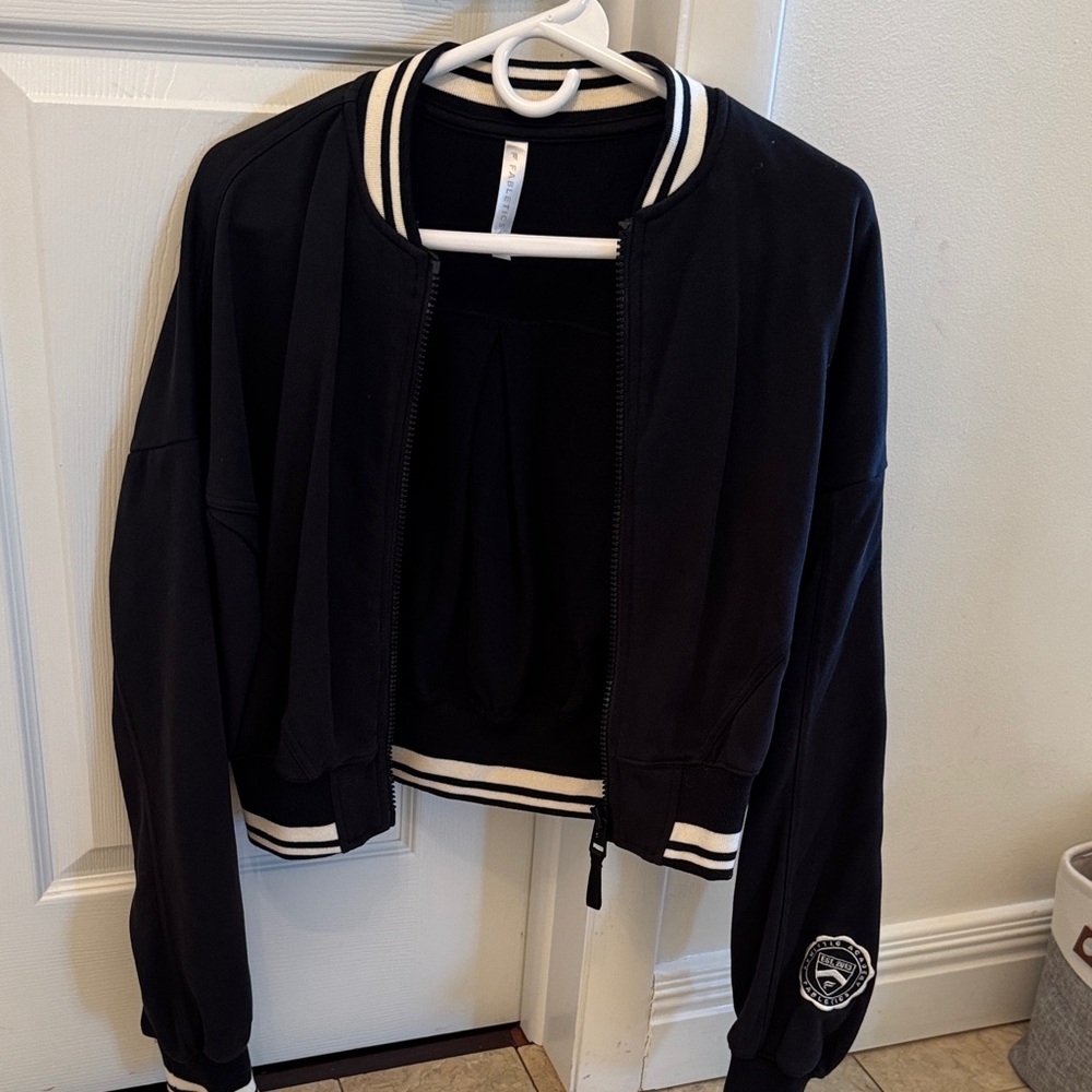 Fabletics Cropped Black Varsity Jacket With White… - image 1